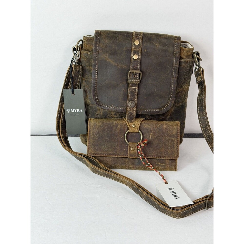 Myra Bag Leather Crossbody Purse & Wallet Set Brown Distressed NWT